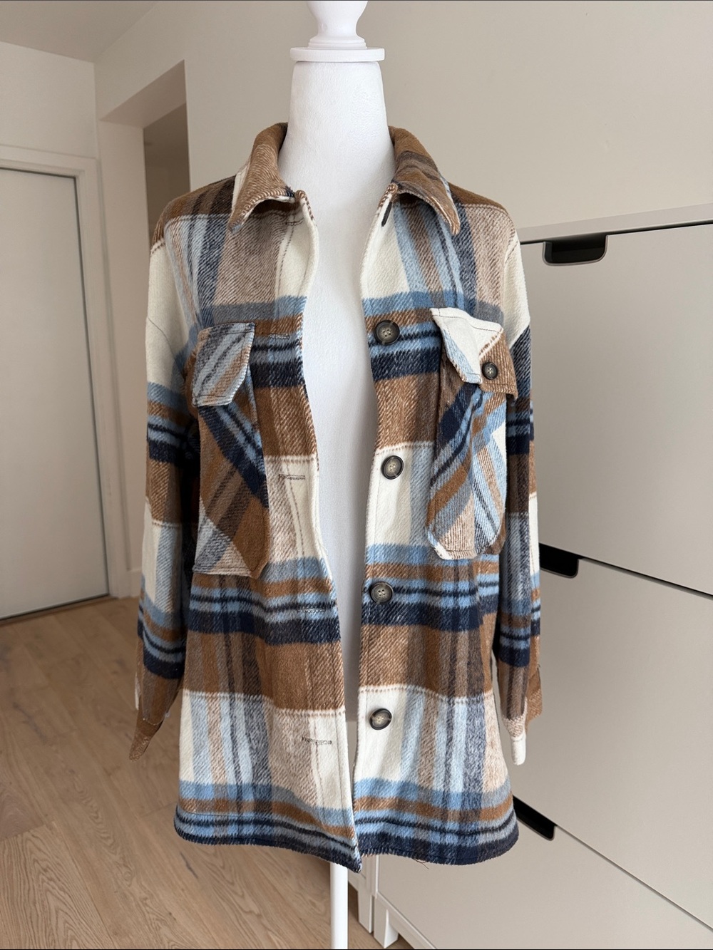 Ashley By 26 International Brown, Blue & Cream Plaid Utility Jacket